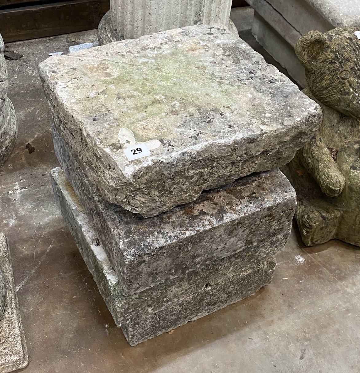 Four rectangular reconstituted stone garden plinths, largest width 35cm, depth 31cm
